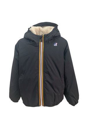 Giubbotto puffo nero con cappuccio, foderato in pelliccia sintetica crema, con una cerniera multicolore e un piccolo logo sulla parte sinistra del petto.