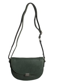 Borsa a tracolla verde in pelle con chiusura a pattina, superficie texturizzata, cinturino regolabile e dettagli in metallo argento nella parte anteriore.
