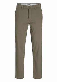 Olivgrüne Baumwoll-Chinos mit schlanker Passform, ausgestattet mit einem Reißverschluss und einem Knopfverschluss, Fronttaschen und paspelierten Hintertaschen.