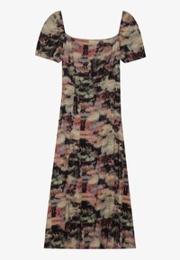 Lyhythihainen Mekko, jossa on neliön muotoinen pääntie, valmistettu kevyestä kankaasta, jossa on monivärinen abstrakti kuvio maalaistunnelmissa.