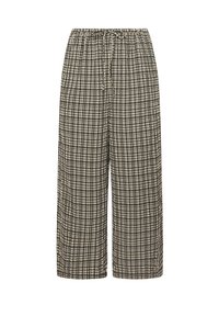 Rutig vida byxor i svart och beige med elastiskt midjeband och dragsko, tillverkade i ett lätt, texturerat tyg.