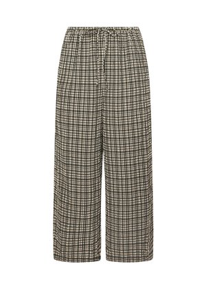 Gekachelte, weit geschnittene Hose in Schwarz und Beige mit elastischem Bund und Kordelzug, aus einem leichten, strukturierten Stoff.