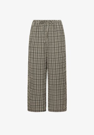 Pantaloni a gamba larga a scacchi in nero e beige con vita elasticizzata e cordino, realizzati in un tessuto leggero e strutturato.