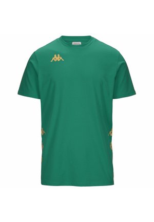 T-shirt in cotone verde con scollo rotondo, maniche corte e logo Kappa dorato sul lato sinistro del petto e lungo il fianco.