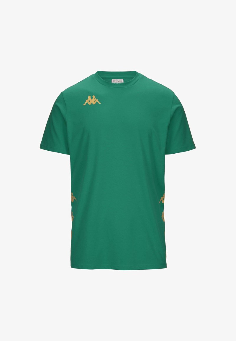 T-shirt en coton vert avec un col rond, des manches courtes et un logo Kappa doré sur la poitrine gauche et sur le côté.