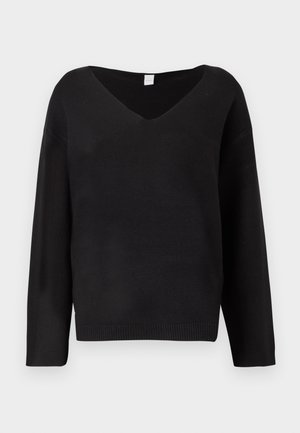 Black sweater with a V-neck, long sleeves, and ribbed hem. Made of a soft knit material with a smooth texture. Simple design, no patterns.