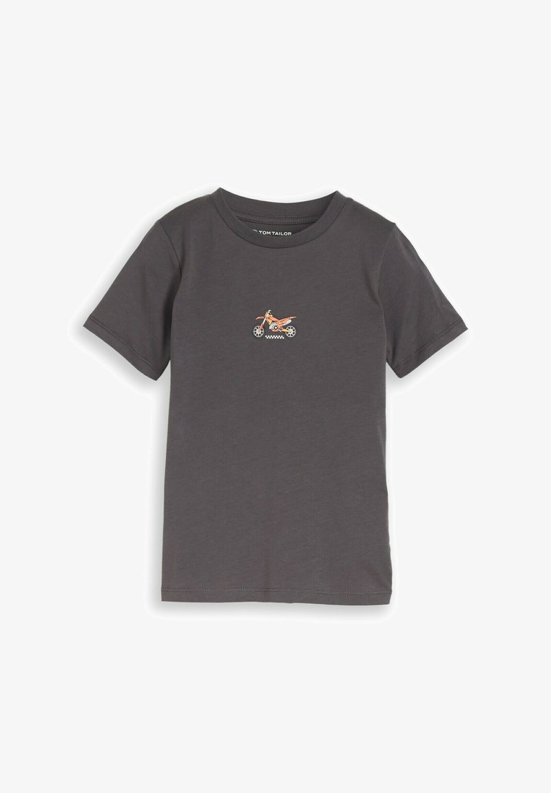 Krátké pánské tričko v antracitové barvě s malou grafikou oranžového motokrosového motocyklu uprostřed na prsou, kulatý výstřih a viditelné švy.