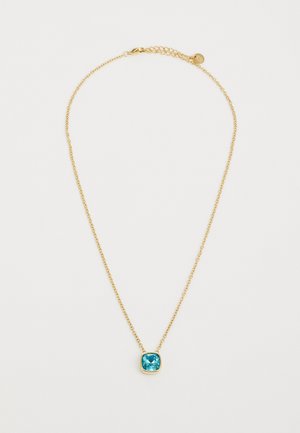 Gold chain necklace featuring a light blue, square-cut gemstone pendant set in a smooth gold bezel. Chain has a clasp for secure closure.
