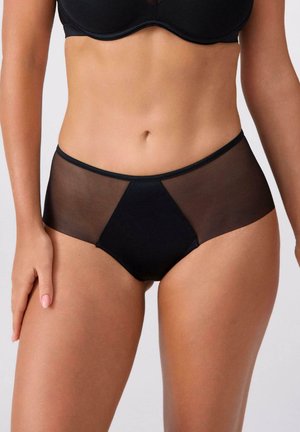 Czarne majtki z wysokim stanem z przezroczystymi panelemi z siateczki. Gładki materiał z kontrastującą półprzezroczystą teksturą. Bezszwowe krawędzie.