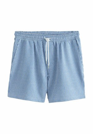 Modré a bílé vertikálně pruhované šortky s elastickým pasem a bílým stahovacím páskem, vybavené bočními kapsami, na bílém pozadí.