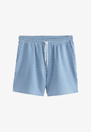 Zilas un baltas vertikālas svītras šorti ar elastīgu jostu un baltu auklu, ar sānu kabatām, uz balta fona.