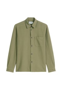 Olive green, long-sleeve shirt made of lightweight fabric. Features a button front, large collar, and single chest pocket with textured finish.
