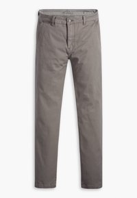 Pantaloni chino grigi in cotone con una texture liscia. Presentano una tasca frontale, chiusura a bottone e design a gamba dritta.