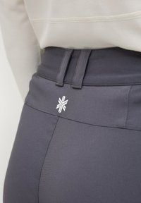 Grijze sportieve broeken met een gladde textuur, voorzien van een hoge taille, brede riemlussen en een wit logo aan de achterkant.