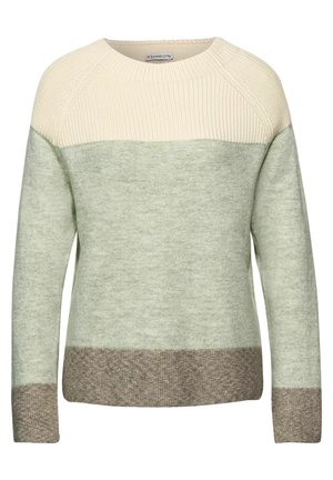 Pull à manches longues avec empiècement côtelé crème, corps vert clair, poignets et ourlet marron, col rond.