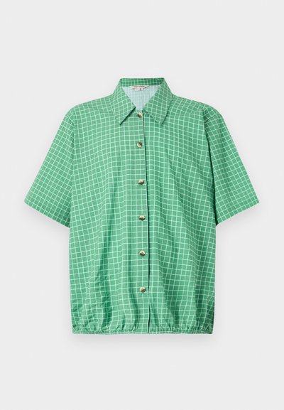 Green short-sleeve shirt featuring a grid pattern, button closure, and elastic hem. Made of lightweight fabric with a classic collar.