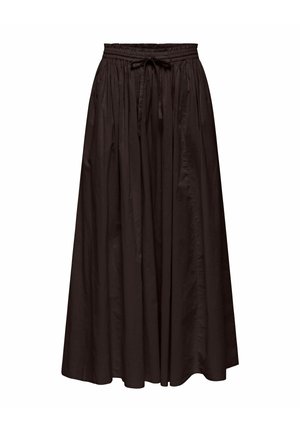 Ilgas juodas sijonas su susmulkinta juosmens juosta ir raišteliu, lengvai krentantis audinys su švelniu blizgesiu, be matomų raštų ar dekoracijų.