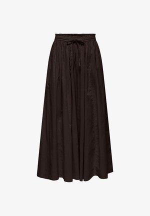 Longue jupe noire avec taille froncée et cordon de serrage, tissu fluide avec léger éclat, sans motifs ni décorations visibles.