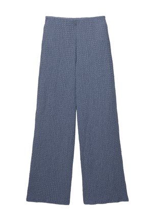 Blå teksturerede brede bukser med ribbet design, der har en høj talje og en løs pasform, velegnede til afslappet brug.