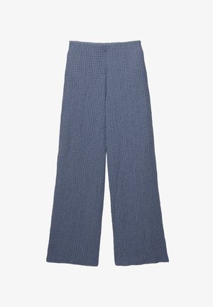 Modré textúrované široké nohavice s rebrovaným dizajnom, disponujúce vysokým pásom a voľným strihom, vhodné na každodenné nosenie.