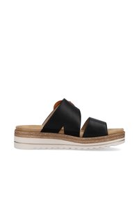 Black leather slide sandals with crisscross straps, neutral cushioned footbed, and a textured white rubber sole with a braided accent.