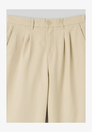Pantalon beige plissé avec fermeture boutonnée, passants pour ceinture et poches avant inclinées, confectionné dans un tissu léger et lisse.