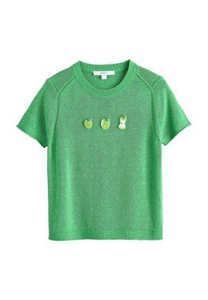 Pulover verde cu mâneci scurte, tricotat, cu margini striate și trei modele mici de mere care arată stadii întreg, pe jumătate și mușcat, centrate pe piept.