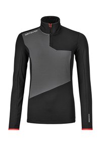 Schwarzer und grauer Langarmpullover mit hohem Kragen, halbem Reißverschluss und markantem schrägen Design. Merkmale rote Akzente und eine weiche Textur.