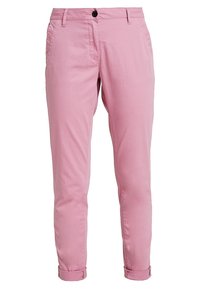 Rosa chinos i bomullsblandat tyg, med knäppning fram, två sidofickor och uppvikta cuffs för en smal silhuett.