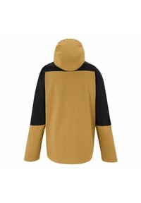 Veste à capuche avec corps et manches couleur fauve, panneaux noirs aux épaules et au-dessus des manches, vue de dos.