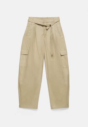 PULL&BEAR, HIGH-WAIST WITH BELT - CARGO TROUSERS - Cargo trousers - camel