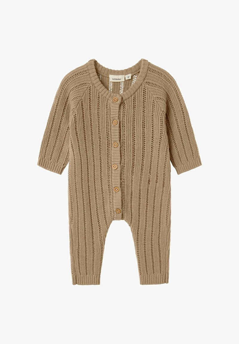 Combinaison bébé en tricot beige avec boutons sur le devant, manches longues et motif en rayures verticales texturées.