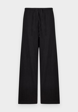 Black wide-leg pants with elastic waistband and drawstring, shown flat on a light background.