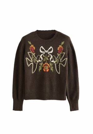 Love & Roses, BOW AND BIRD EMBROIDERED DETAIL CREW NECK COSY JUMPER - Neule - chocolate