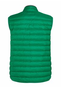 Grüne Steppweste mit einem gesteppten Design, das horizontale Nähte und einen Stehkragen aufweist. Ohne Ärmel; glatte, glänzende Textur.