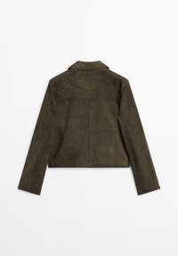 Olive green suede jacket with a classic collar, long sleeves, and a cropped design. Features visible stitching and a smooth texture.