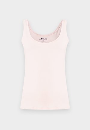 Débardeur rose clair sans manches avec encolure dégagée, présenté sur un fond gris clair uni.