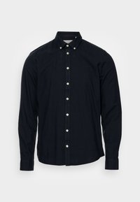 Lange mouwen overhemd in navy katoen, voorzien van een puntige kraag, witte knopen en een subtiel geborduurd logo op de borst.