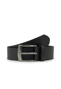 Ceinture en cuir noir avec une boucle rectangulaire en métal argenté, texture lisse et design continu sans trous visibles.