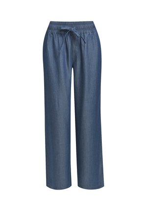 Blue denim wide-leg pants with elastic waistband and front tie, designed for casual wear.