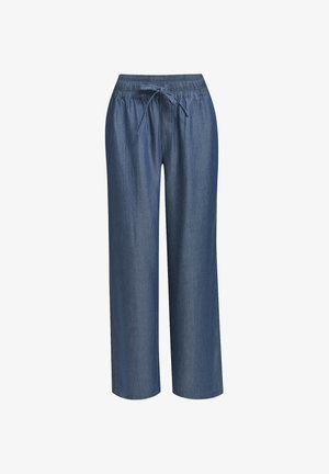Blaue Denim-Hosen mit weitem Bein, elastischem Bund und vorderer Bindung, für legere Trageweise entworfen.