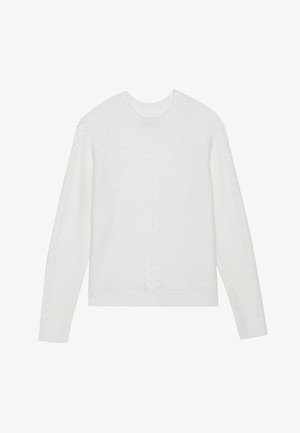 Suéter branco de malha com textura canelada, gola redonda e padrões de ponto de cabos nas mangas e no corpo. Corte clássico, mangas longas.