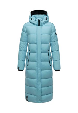 Pitkä vaaleansininen topattu talvitakki hupulla, edessä vetoketju, läppätaskut ja musta reunus hihoissa sekä taskujen reunoilla.