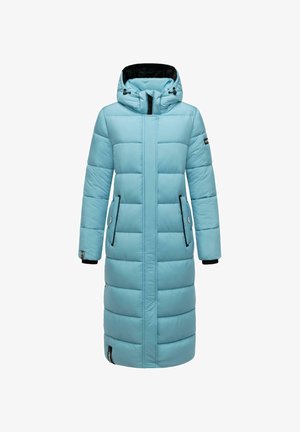 Lange lichtblauwe gewatteerde winterjas met capuchon, voorrits, klepzakken en zwart kant op de mouwen en zakranden.