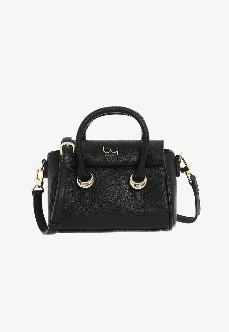 Borsa a mano nera in pelle con finitura testurizzata, accessori in oro, manici doppi e tracolla removibile. Forma rettangolare compatta.