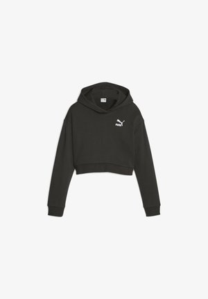 Zwarte cropped hoodie met lange mouwen en Puma-logo op de linkerborst tegen een witte achtergrond.