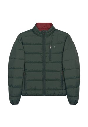 Giacca a vento imbottita di colore verde scuro con fodera interna rossa, design a quadri, zip frontale e due tasche laterali con zip. Presenta polsini a costine.