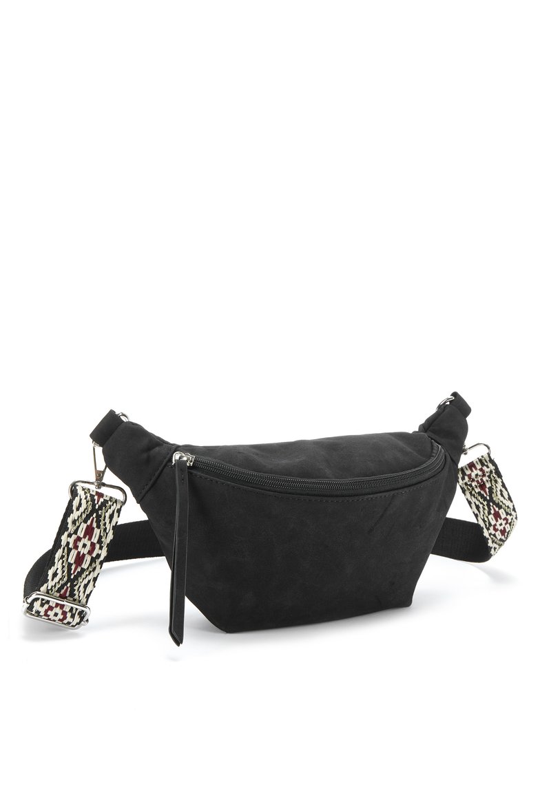 Black suede fanny pack with a curved shape, zippered compartment, and patterned fabric straps featuring red and cream accents.