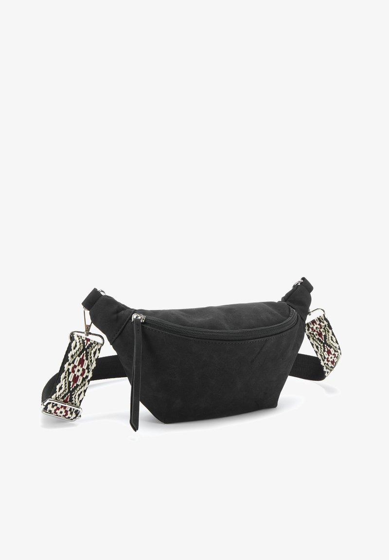 Schwarze Wildleder-Gürteltasche mit geschwungener Form, Reißverschlussfach und gemusterten Stoffriemen mit roten und cremefarbenen Akzenten.