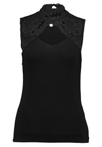 Schwarzes ärmelloses Top mit hohem Spitzenkragen und einem schlitzförmigen Detail in der Mitte. Glatte Stoffqualität mit angepasster Silhouette.